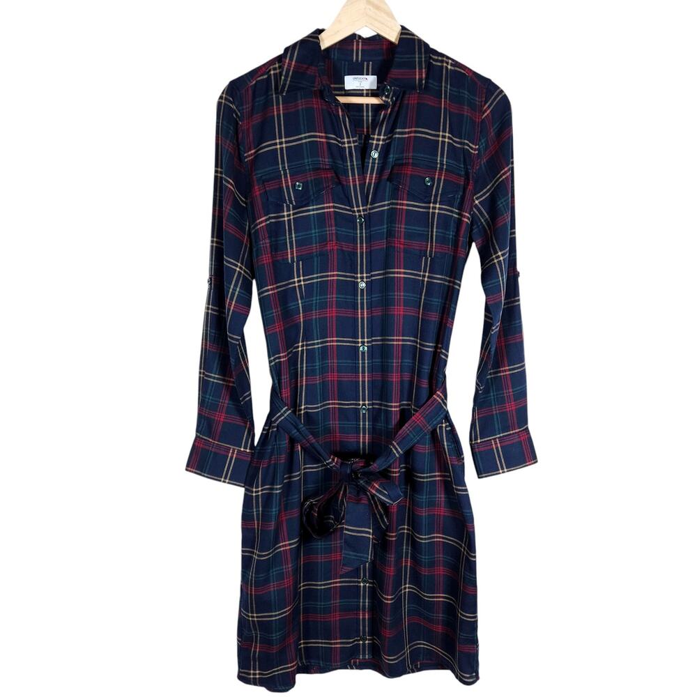 Untuckit Womens Plaid Shirt Dress 2 Navy Blue Red Belted Fall Trendy Preppy Chic